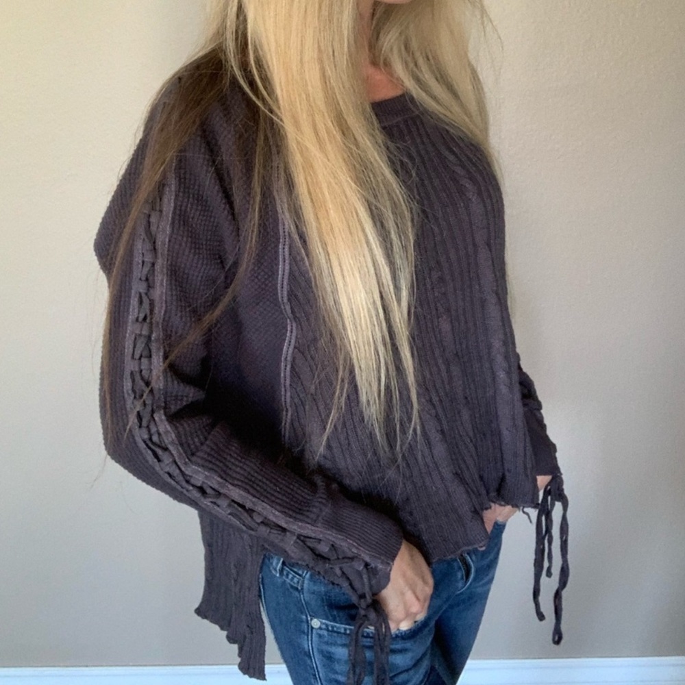 GRAY Free People Lace Up Thermal Sweater S M